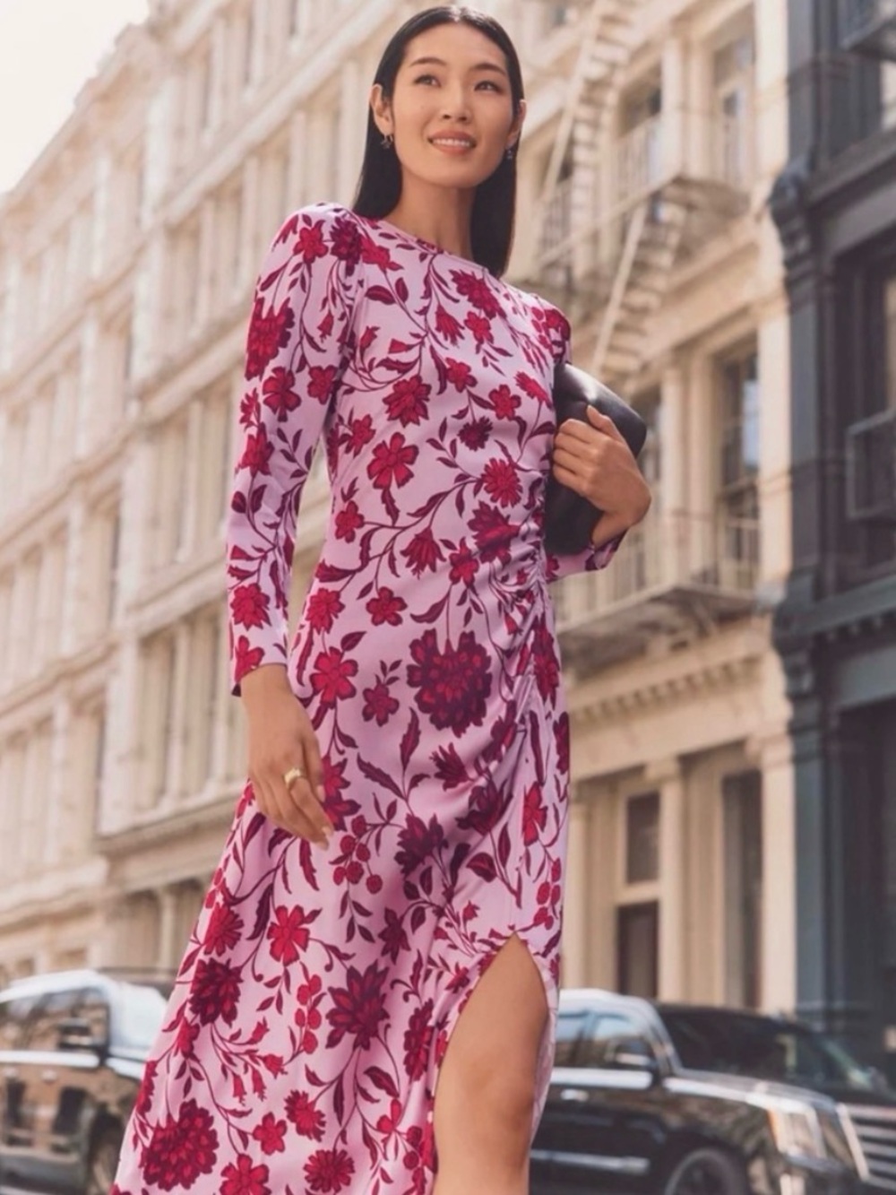 NWT Ann Taylor Pink Floral Long-Sleeve Midi Dress w/Ruched Side & Slit Size 6